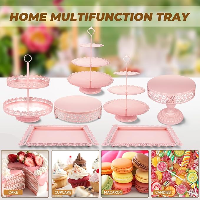 Pink Dessert Table Display Set Cake Stand, Metal Tiered Cupcake Holder Food Candy Plate Serving Tower Tray Platter With Tong, Cake Knife and Server Set For Wedding Baby Shower Celebration Decor 11PCS