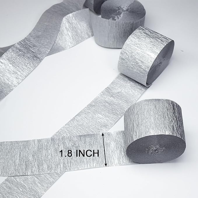 FOONEA Crepe Paper Streamers - 4 Rolls 328ft Silver Crepe Paper for Party, Wedding, Birthday & Baby Shower Decorations