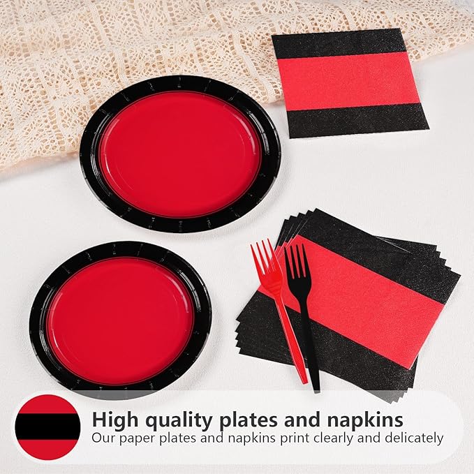 Grencian 200Pcs Red and Black Party Decorations Graduation Red and Black Plates and Napkins Disposable Stranger Tableware Set for Congrats Grad Fiesta Holiday Birthday Wedding Party Supplies Serves 50