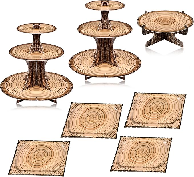 Sawysine 7 Pcs Woodland Cupcake Stand Set Woodland Baby Shower Decorations 3 Tier 2 Wooden Cupcake Stand 1 Rustic Cake 4 Rectangle Serving Tray Birthday Western Camping Hunting Supplies(Rectangle)