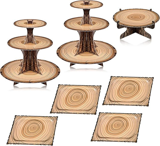 Sawysine 7 Pcs Woodland Cupcake Stand Set Woodland Baby Shower Decorations 3 Tier 2 Wooden Cupcake Stand 1 Rustic Cake 4 Rectangle Serving Tray Birthday Western Camping Hunting Supplies(Rectangle)
