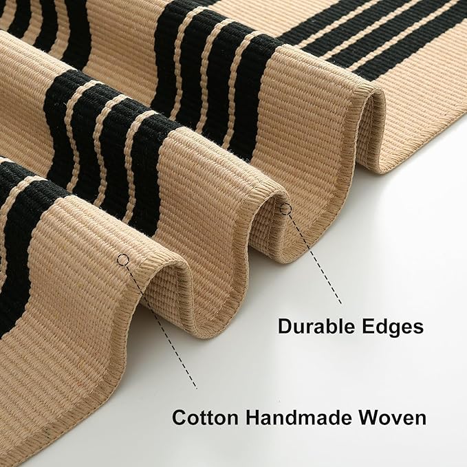 OJIA Front Door Mat Outdoor 24''x35'' Washable Front Door Rug Black and Tan Entry Rug Indoor Outdoor Rugs Doormat Cotton Woven Striped Small Area Rugs for Porch/Bathroom/Farmhouse/Home Entrance
