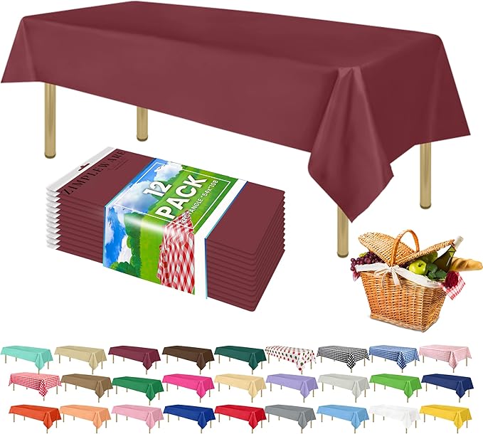 ZIMPLEWARE Premium Burgundy Plastic Table Cloth Disposable (12 Pk) Plastic Tablecloths for Rectangle Tables (54in x 108in) Party Table Cloths Disposable for 6ft to 8ft Rectangle Tables