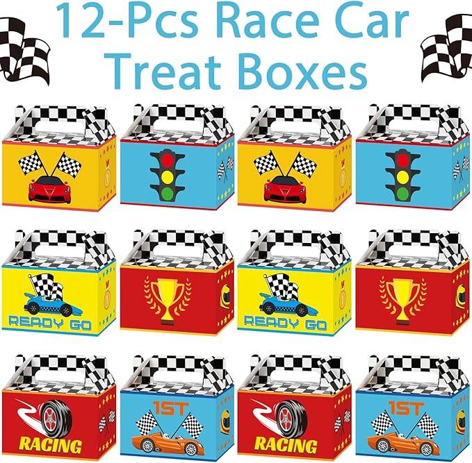 Tevxj 12 Pieces Race Car Party Favor Boxes Two Fast Goodies Candy Treat Bags Race Car Birthday Party Favors Checkered Gift Bags for Boys Kids Let's Go Racing Themed Supplies Box 6 x 3 x 3.5 Inches