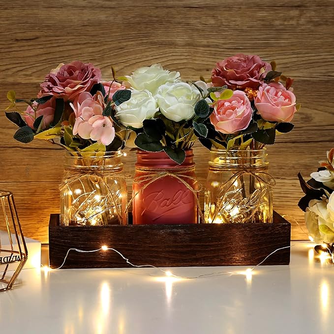 Mason Jar Centerpiece Table Decor for Dining Room Farmhouse Coffee Table Decor with Wood Tray Fairy Lights Fake Flowers for Valentine's Day Kitchen Living Dining Room - Pink White