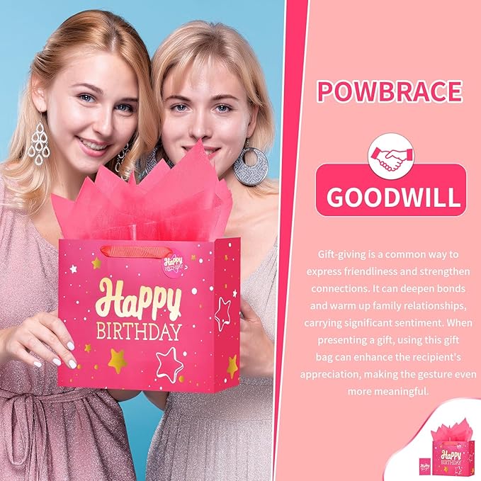 Powbrace 13" Pink Happy Birthday Gift Bag with Tissue Paper and Greeting Card for Party,Happy Birthday Gift Bag for Women Mother, Gift Bags Medium size(1 PCS Pink, Attach Mom Cards)
