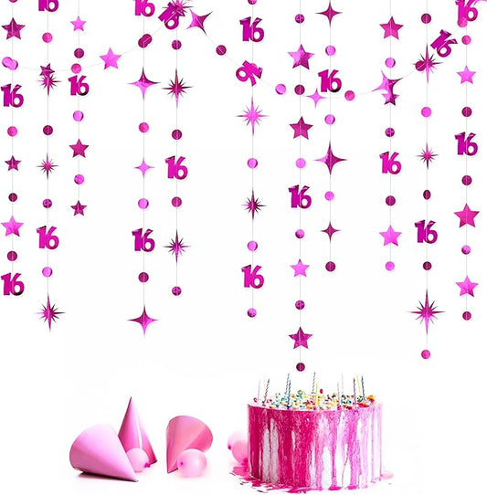 Hot Pink Number 16 Circle Dot Twinkle Star Garland Hanging Streamer Bunting Banner Backdrop Decorations for Girls Happy 16th Birthday Sweet Sixteen 16th Anniversary Cheers to 16 Years Party Decor