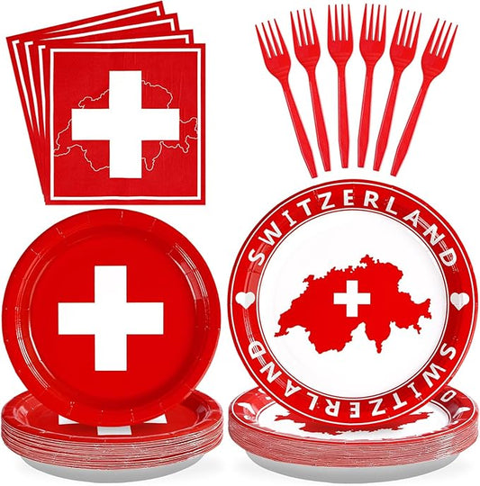 Grencian 96Pcs Switzerland Party Supplies Swiss Flag Plates and Napkins Disposable Switzerland Paper Plates Swiss National Day Decorations Tableware Kit for Football Events Travel, Cultural