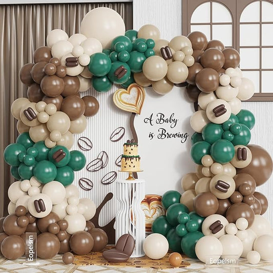 A Baby is Brewing Balloon Garland Kit 187Pcs Dark Green Coffee Sand White Balloons, Boho Coffee Themed for Baby Shower Gender Reveal Bridal Shower Birthday Party Decorations