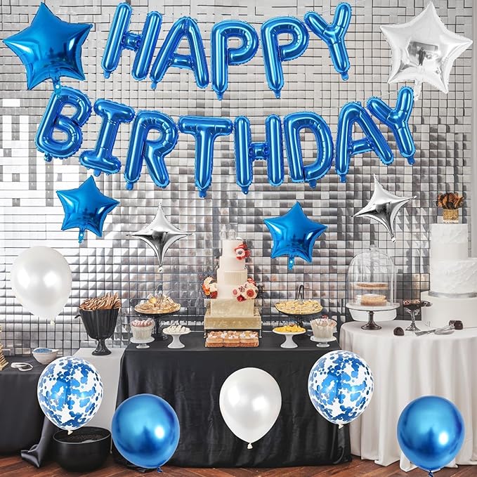 Happy Birthday Balloon Banner Blue Silver, 16 Inch Mylar Foil Letter Balloons, Reusable Birthday Decorations with Blue and Silver Balloons, Inflatable Party Supplies for Women Men Boys Girls Decor