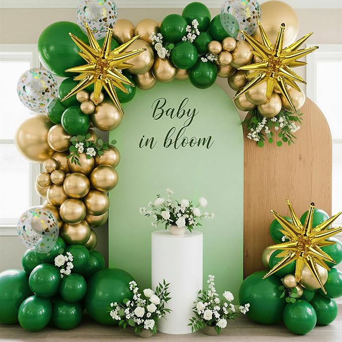RUBFAC Green and Gold Balloon Garland Arch Kit, 140pcs Graduation Decorations Latex Balloons, Dark Green Gold Confetti Star Balloon for Birthday Wedding New Year Party Decorations