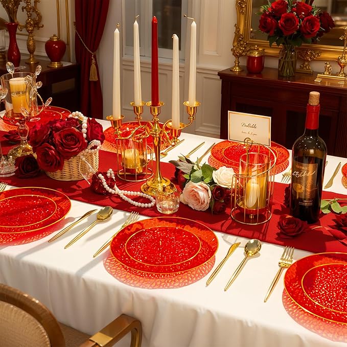Rubtlamp 175 Pcs Plastic Dinnerware Set (25 Guests), Red And Gold Plastic Plates, Hammered Party Plates Set Include Dinner Plates, Dessert Plates, Cups, Cutlery Set And Napkins for Wedding And Party