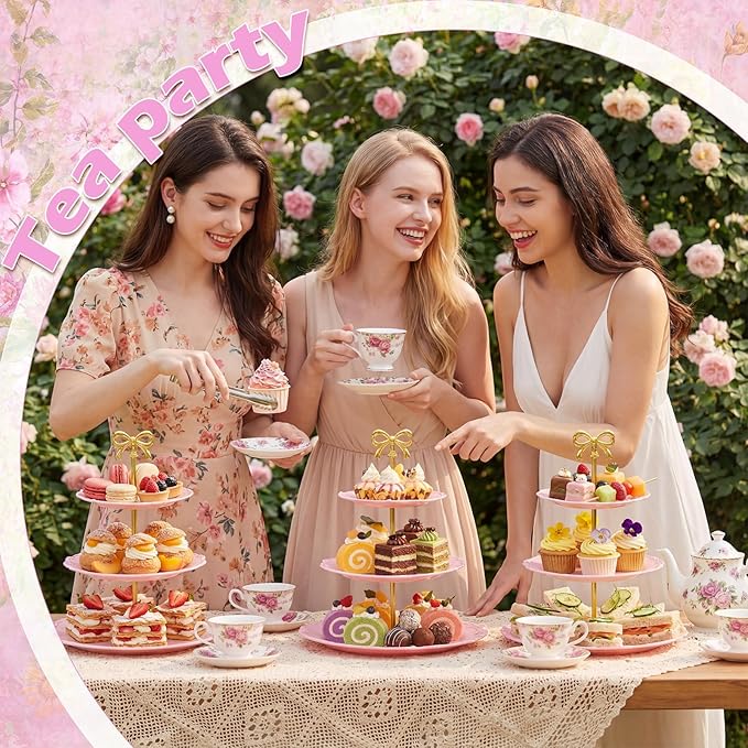 3 Sets Tea Party Decorations of 3 Tier Wedding Plastic Dessert Table Display Set Cupcake Stand Dessert Plates Cake Candy Display Tower Wedding Birthday Baby Shower Tea Party Decoration