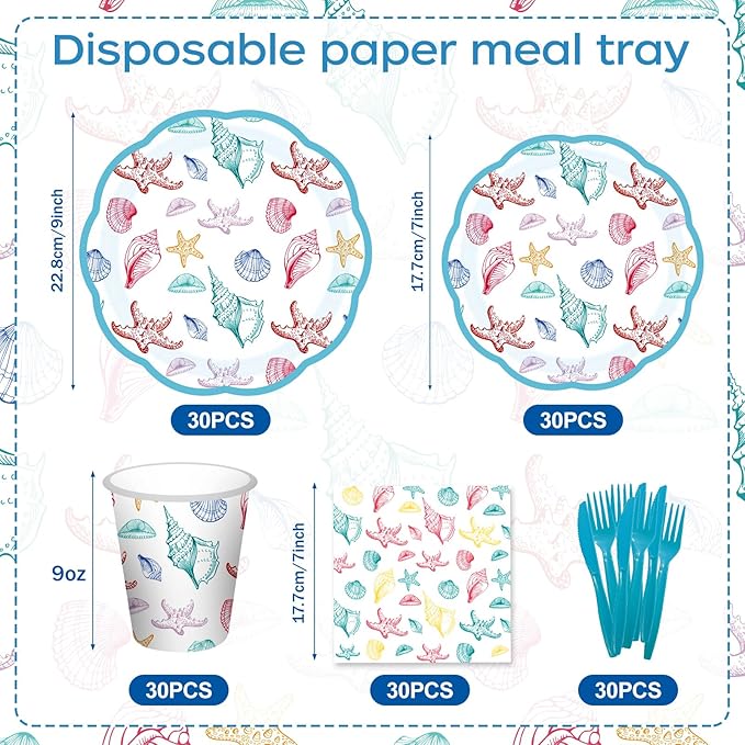 180PCS Summer Beach Party Paper Plate,Seashell and Starfish Paper Plates Supplies-Seashell and Starfish Plates, Cups, Napkins and Knife Fork For Birthday Baby Shower Bridal Wedding Party