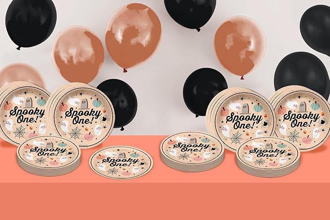 Spooky One First Birthday - 32 Piece Disposable Party Supplies - Decorations for Halloween 1st Birthday Round Party Plates - Large 9" Paper Plates In Bulk