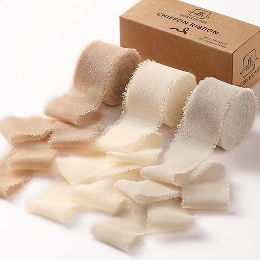 DORIS HOME Nude and Ivory Chiffon Ribbon for Flower Bouquet, 1" x21Yd Fabric Ribbon for Gift Wrapping, Handmade Frayed Ribbon for Wedding Invitations/Christmas Decorations