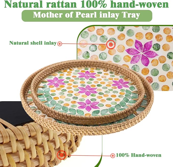 Round Rattan Tray with Mother of Pearl Inlay, Handwoven Wicker Coffee Table Serving Basket Tray for Fruit Snack Party Picnic Cafe Bedroom Kitchen Home Decor Set of 2 (Purple Blossom Dot)