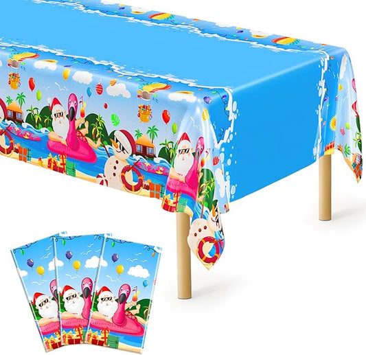 QZYL 3 Pcs Christmas July Tablecloths, 51 x 86.6 Inch Waterproof Summer Christmas Tablecloth, Disposable Santa Plastic Rectangle Table Cover, for Pool Beach Indoor Outdoor July Xmas Decorations
