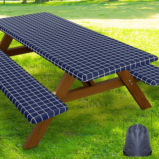 Smiry Picnic Table Cover with Bench Covers, Waterproof Elastic Fitted Tablecloth for 8 Foot Tables, Washable Polyester Tablecloths for Camping, Indoor & Outdoor (Navy & White, 30x96 Inch 3-pc Set)