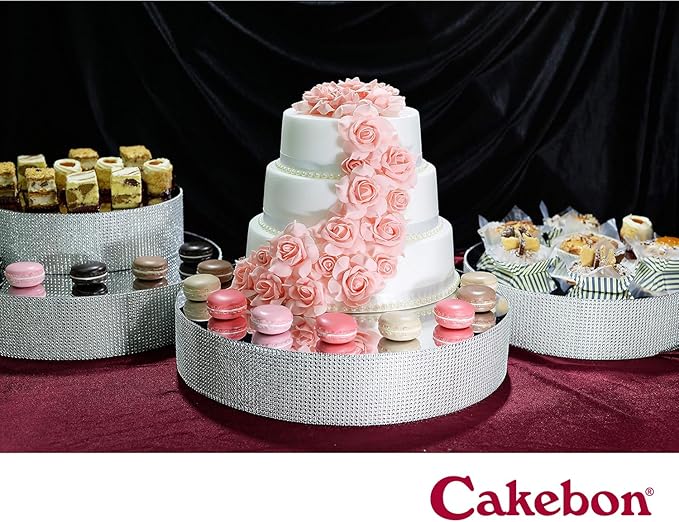 Cakebon Cake Stands - 12" Silver with Faux Rhinestones for Cakes and Pastries - Lightweight Polystyrene Foam for Party, Sturdy Wedding Cake Stand