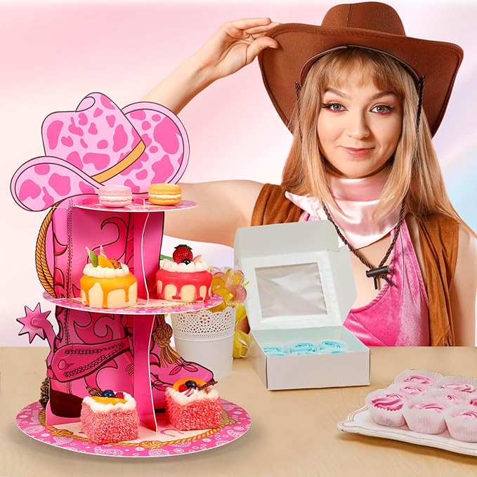 Zopeal Western Cowgirl Cupcake Stand Party Decorations Western Theme 3 Tiered Cowboy Cupcake Holder Birthday Dessert Stand for Wild West Baby Shower Birthday Bachelor Party Supplies