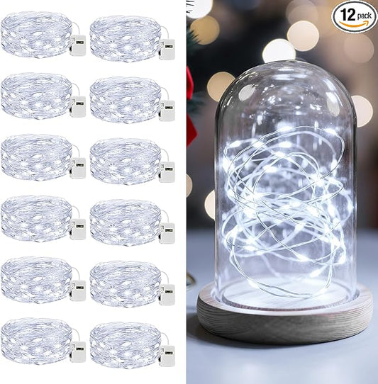 litogo 12 Pack 7FT 20 LED Fairy Lights Battery Operated, 3 Lighting Modes, Bulk Mini Twinkle String Lights Waterproof Silver Wire for Weddings Mason Jars Party Christmas Decorations-Cold White