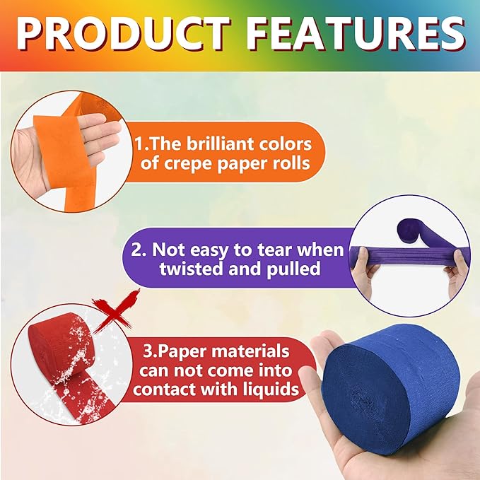 Crepe Paper Streamers 6 Rolls Rainbow Streamers 2.2 Inches 738 Feet, Streamers Party Supplies for Birthday, Wedding, Baby Shower, Bachelorette Party, Graduations Decorations, DIY Crafts