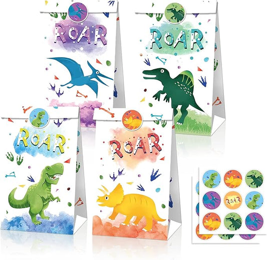 24Pcs Dinosaur Party Favor Bags with 36 Stickers, Watercolor Dino Kraft Paper Gift Bags ,Jurassic Dino Goodie Bags for Kids Birthday,Baby Shower, Dinosaur Themed Party Supplies Decorations