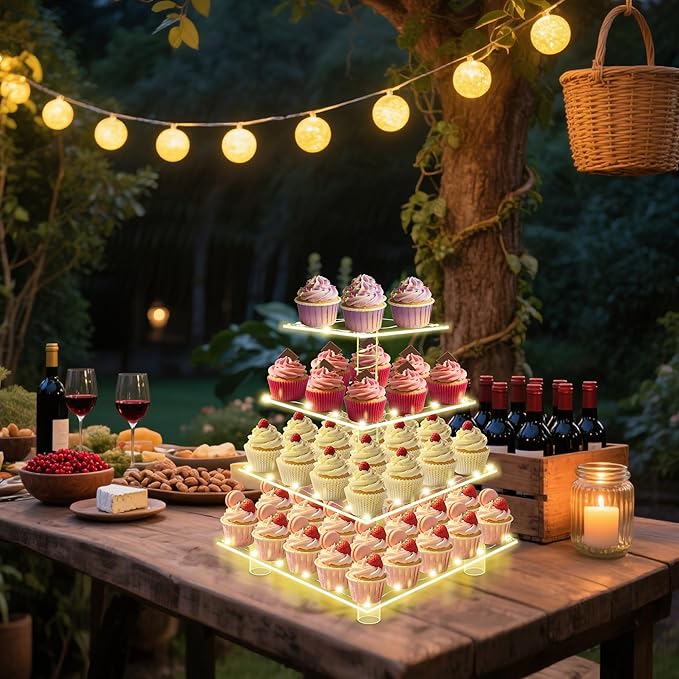 Cupcake Stand with Lights, 4 Tier Acrylic Cupcake Tower with Yellow LED String Lights, Clear Cupcake Display Stand for Wedding,Baby Shower, Birthday
