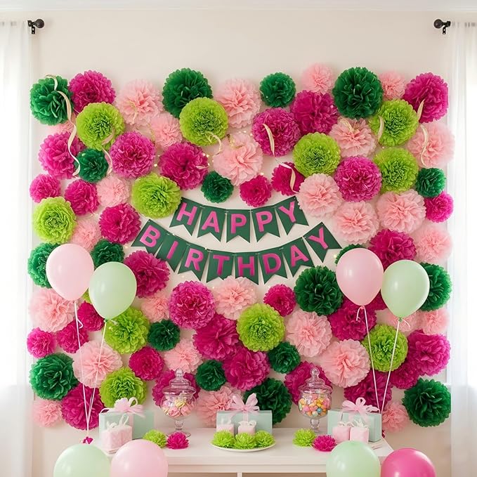 12pcs Hot Pink and Green Tissue Paper Pom Poms,Hanging Paper Pompoms for Pink Green Party Decoration