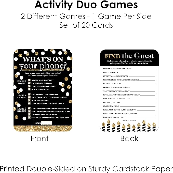 Big Dot of Happiness Adult Happy Birthday - Gold - 2-in-1 Birthday Party Cards - Activity Duo Games - Set of 20 (Pack of 2)
