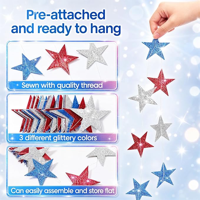 Patelai Glitter Star Garland Banner 2026 Graduation Decor 130 Feet Star Hanging Banner Twinkle Backdrop for Party Birthday Classroom Wedding Supplies(Red, Blue, Silver)