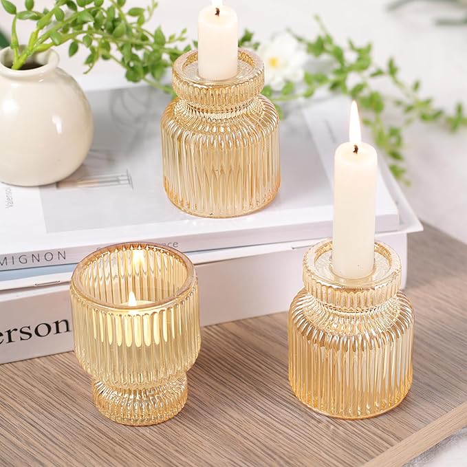 DARJEN 6 Pcs Gold Candlestick Holders - Glass Taper Candle Holders Tealight Votive Candle Holders for Table Centerpieces, Wedding, Dinner Party, Home, Gifts (Pack of 2)