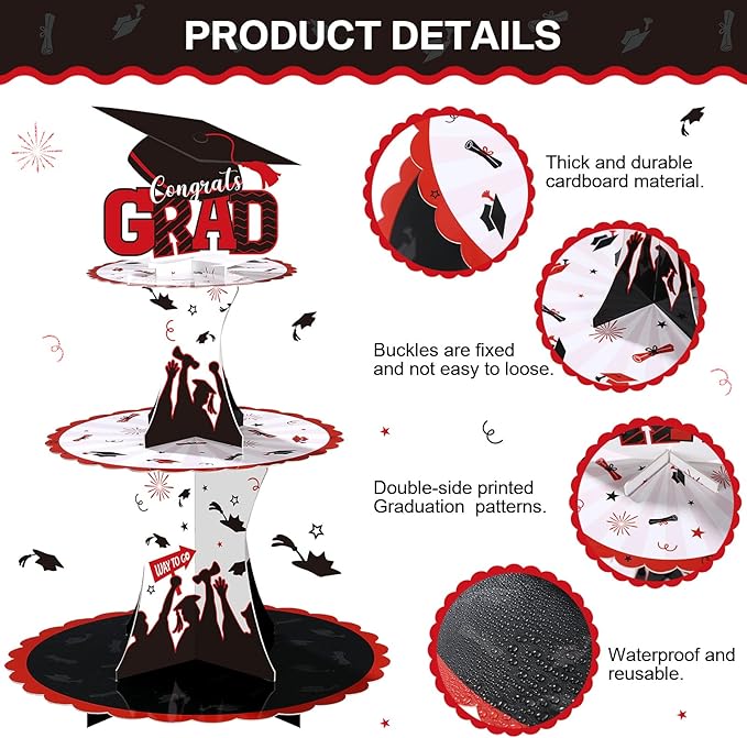Nuenen 2 Pcs Graduation Cupcake Stand 3 Tier Black Graduation Cupcake Holder Class of 2026 Congrats Grad Cake Holder Dessert Tower for Grad Party Decorations Supplies Favors(Red)