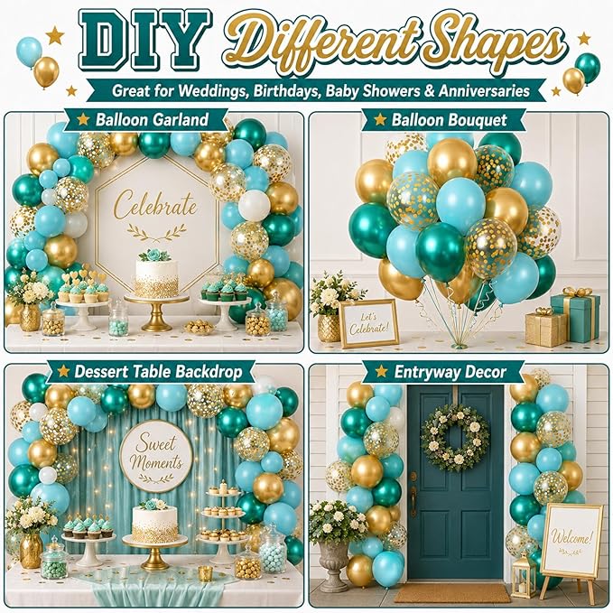 Teal and Gold Balloons, 60PCS Gold Turquoise Balloons Set, 12 Inch Metallic Green Gold Confetti Balloon Teal Blue White Latex Balloon for Wedding Birthday Baby Shower Summer Party Decor