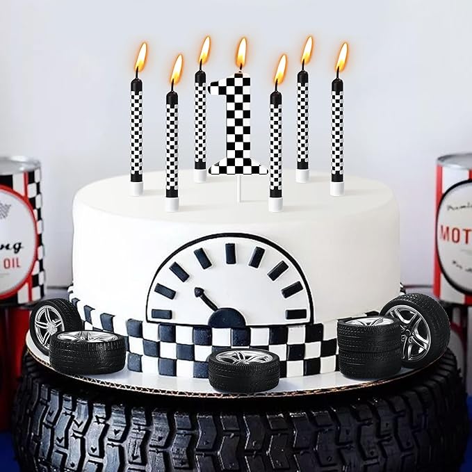 13 Pcs Racing Cars Themed Birthday Candles, Black and White Checkered Birthday Cake Candles, Numeral 1 Candle Wheel Tire for Racing Car Party Decoration Theme Party Supplies (Number 1)