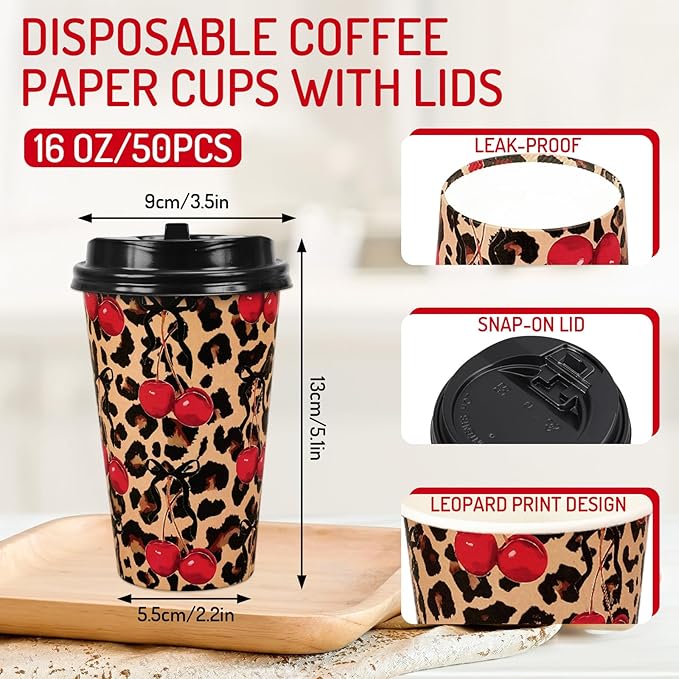 Whaline 50 Sets Leopard Print Coffee Paper Cups Bow Cherry Cheetah 16oz Disposable Cups with Lids for Hot Cold Drinks Birthday Bachelorette Safari Animal Party Supplies