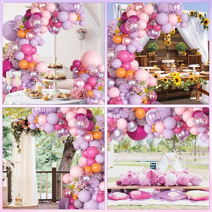 Ouddy Party Pink Purple Balloons Garland Arch Kit, Different Sizes 18 12 10 5 Inch Hot Pink Lilac Lavender Orange Magenta Latex Confetti Balloon for Wildflower Birthday Baby Shower Party Decorations