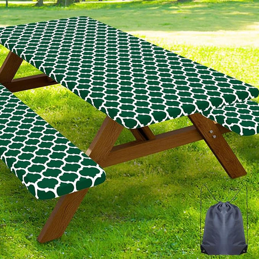 Smiry Picnic Table Cover with Bench Covers, Waterproof Elastic Fitted Tablecloth for 8 Foot Tables, Washable Polyester Tablecloths for Camping, Indoor & Outdoor (Emerald Green, 30x96 Inch 3-pc Set)