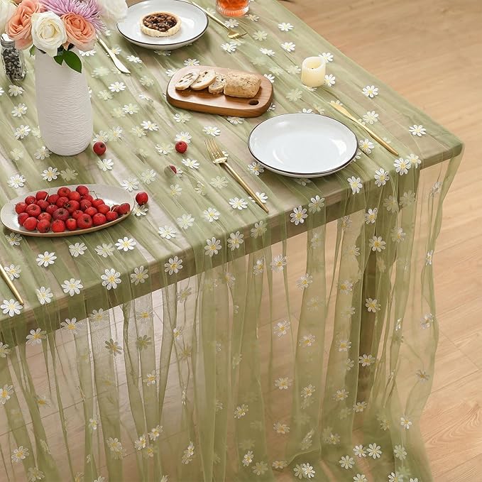 Horaldaily Sage Green Embroidery Daisy Spring Summer Gauze Tablecloth 60×84 Inch Rectangular, Seasonal Tulle Table Cover, Garden Party Decorations for Wedding, Party, Holiday Dining