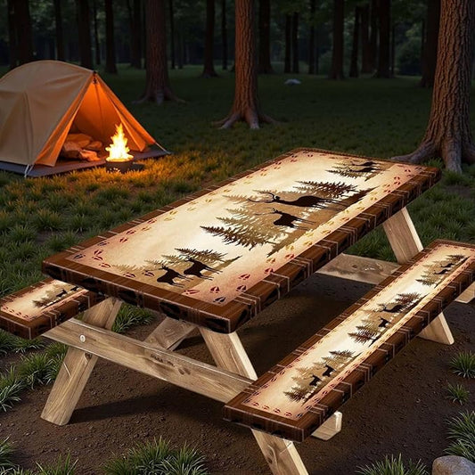 30X60 Inch Brown Deer Picnic Table Cover with Bench Cover and Drawstring Bag, Waterproof Washable Fitted Outdoor Tablecloth Rectangular Elastic Edged for Camping Outdoor Travel, 3 Pieces Set