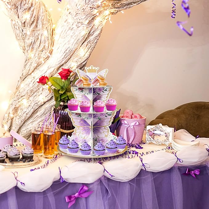Haooryx Purple Butterfly Cupcake Stand Decoration - 3-Tier Butterfly Floral Crown Cupcake Tower Cardboard Candy Dessert Holder for Spring Butterfly Party Supplies Girl Women Birthday Party Table Decor