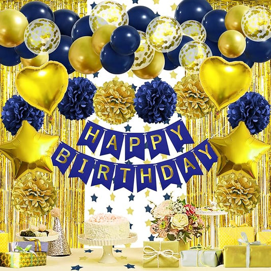 ZERODECO Birthday Party Decorations for Men, Navy Blue Gold Happy Birthday Banner Pompoms Balloon Arch Fringe Curtain Party Décor for Men Boys Women Girls Party Decorations Kit