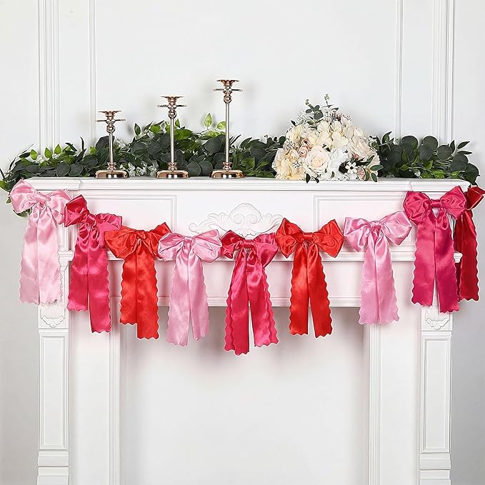 VitalCozy Rose Pink Bow Garland Decor for Coquette Party Decorations, Pre-Strung Rose Pink Satin Ribbon Birthday Party Garland Bow Banner for Bridal Shower Bachelorette Wedding Birthday Engagement