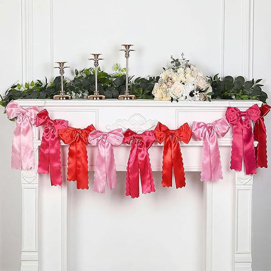 VitalCozy Rose Pink Bow Garland Decor for Coquette Party Decorations, Pre-Strung Rose Pink Satin Ribbon Birthday Party Garland Bow Banner for Bridal Shower Bachelorette Wedding Birthday Engagement