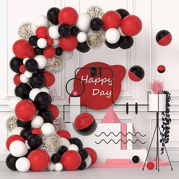 CANREVEL 50pcs 12 Inches Black Red Confetti Balloons Kit, Black Red White Party Balloons with Ribbons for Birthday, Wedding, Baby Shower, Graduation Decorations