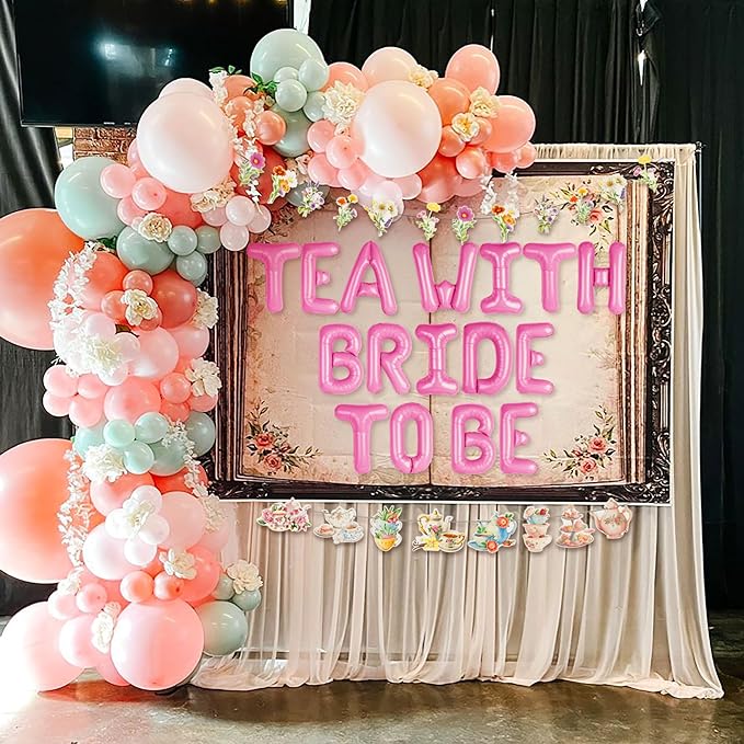 LaVenty Tea With Bride To Be Balloons Let's Par Tea Decorations Balloon Garland Arch Banner Floral Butterfly Teapot Banner for Bridal Shower Bachelorette Wedding Party
