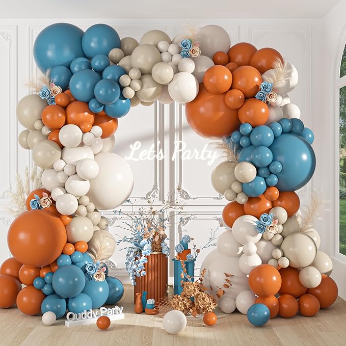 Ouddy Party 149Pcs Dusty Blue Burnt Orange Balloon Arch Garland Kit Different Sizes 18 12 10 5Inch, 6Pcs 18” Thanksgiving Sand Dark Teal Balloons for Wedding Birthday Party Decorations