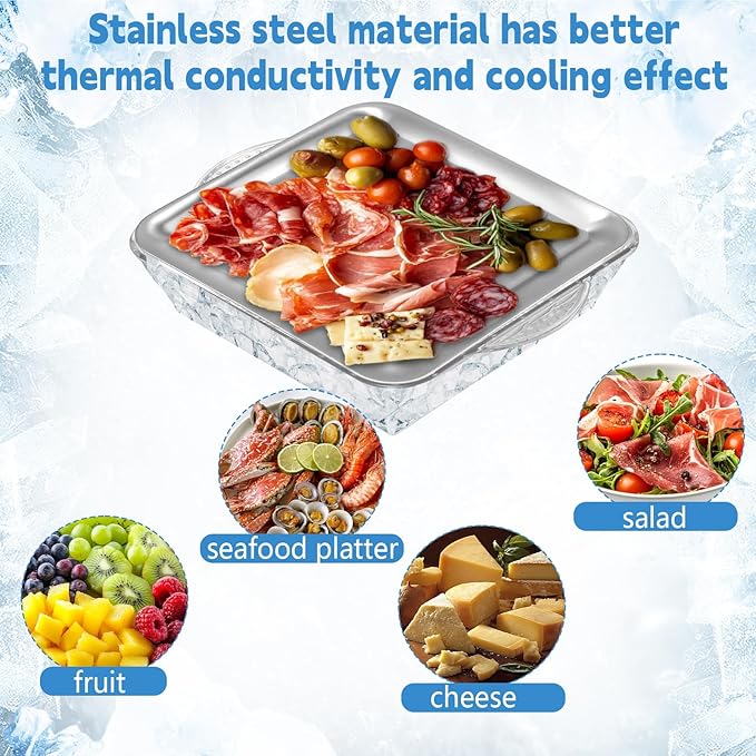 2 Sets 9" Chilled Serving Tray with Compartments Ice Chilled Charcuterie Platter Serving Cold Dish for Party, Charcuterie Dip Fruit Seafood Vegetable Salad Appetizer Shrimp Cocktail