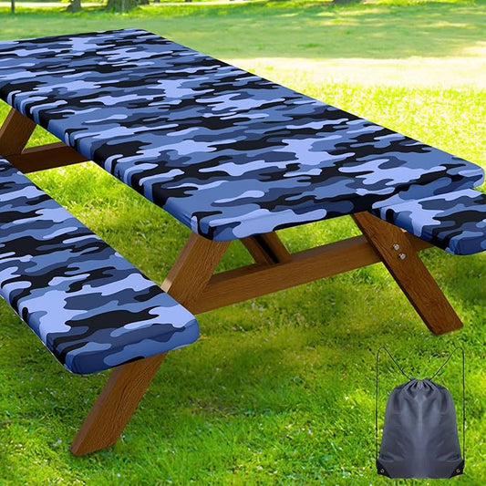 Smiry Picnic Table Cover with Bench Covers, Waterproof Elastic Fitted Tablecloth for 6 Foot Tables, Washable Polyester Camouflage Tablecloths for Camping & Indoor (Ocean Blue, 30x72 Inch 3-pc Set)